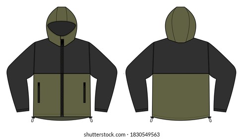 windproof hooded jacket ( parka) vector illustration / black & kahki