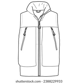 Windproof vest for outdoor adventures. Design on a white background. Technical vector sketch. Mockup template.