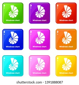 Windrose chart icons set 9 color collection isolated on white for any design