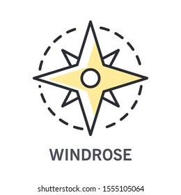 Windrose Icon. Compass Rose With Eight Principal Winds. Nautical Chart, Travel Destination Orientation. Travelling And Cruise Themed Linear Isolated Vector Illustration On White Background And Text.