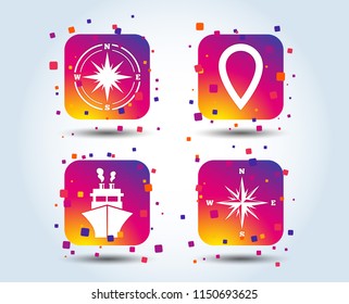 Windrose navigation compass icons. Shipping delivery sign. Location map pointer symbol. Colour gradient square buttons. Flat design concept. Vector