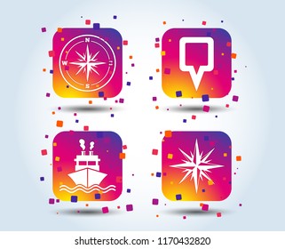 Windrose navigation compass icons. Shipping delivery sign. Location map pointer symbol. Colour gradient square shipping buttons. Flat design concept. Vector