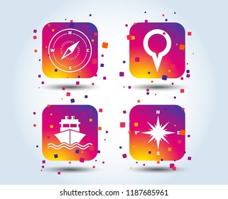 Windrose navigation compass icons. Shipping delivery sign. Location map pointer symbol. Colour gradient square buttons. Flat design concept. Vector