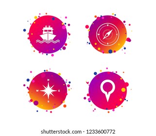 Windrose navigation compass icons. Shipping delivery sign. Location map pointer symbol. Gradient circle buttons with icons. Random dots design. Vector