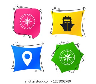 Windrose navigation compass icons. Shipping delivery sign. Location map pointer symbol. Geometric colorful tags. Banners with flat icons. Trendy design. Vector