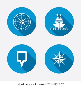 Windrose navigation compass icons. Shipping delivery sign. Location map pointer symbol. Circle concept web buttons. Vector