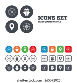 Windrose navigation compass icons. Shipping delivery sign. Location map pointer symbol. Web buttons set. Circles and squares templates. Vector