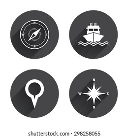 Windrose navigation compass icons. Shipping delivery sign. Location map pointer symbol. Circles buttons with long flat shadow. Vector