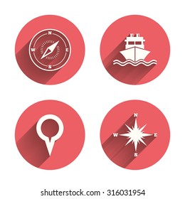 Windrose navigation compass icons. Shipping delivery sign. Location map pointer symbol. Pink circles flat buttons with shadow. Vector
