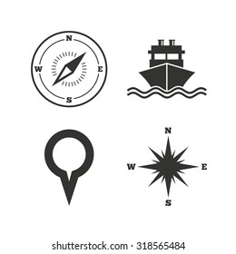 Windrose navigation compass icons. Shipping delivery sign. Location map pointer symbol. Flat icons on white. Vector