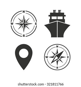 Windrose navigation compass icons. Shipping delivery sign. Location map pointer symbol. Flat icons on white. Vector