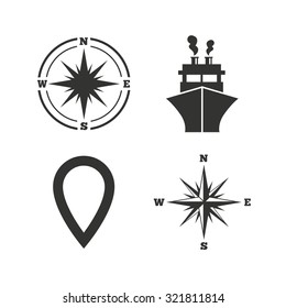 Windrose navigation compass icons. Shipping delivery sign. Location map pointer symbol. Flat icons on white. Vector