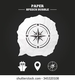 Windrose navigation compass icons. Shipping delivery sign. Location map pointer symbol. Paper speech bubble with icon.
