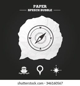 Windrose navigation compass icons. Shipping delivery sign. Location map pointer symbol. Paper speech bubble with icon.