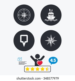 Windrose navigation compass icons. Shipping delivery sign. Location map pointer symbol. Star vote ranking. Client like and think bubble. Quotes with message.