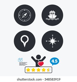 Windrose navigation compass icons. Shipping delivery sign. Location map pointer symbol. Star vote ranking. Client like and think bubble. Quotes with message.