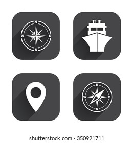 Windrose navigation compass icons. Shipping delivery sign. Location map pointer symbol. Square flat buttons with long shadow.