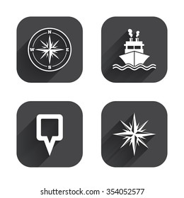 Windrose navigation compass icons. Shipping delivery sign. Location map pointer symbol. Square flat buttons with long shadow.