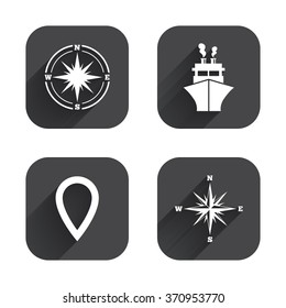 Windrose navigation compass icons. Shipping delivery sign. Location map pointer symbol. Square flat buttons with long shadow.