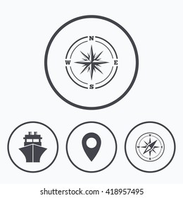 Windrose navigation compass icons. Shipping delivery sign. Location map pointer symbol. Icons in circles.