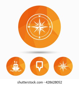 Windrose navigation compass icons. Shipping delivery sign. Location map pointer symbol. Triangular low poly buttons with shadow. Vector