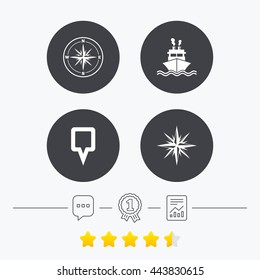 Windrose navigation compass icons. Shipping delivery sign. Location map pointer symbol. Chat, award medal and report linear icons. Star vote ranking. Vector