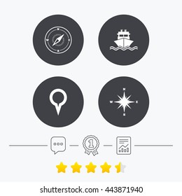 Windrose navigation compass icons. Shipping delivery sign. Location map pointer symbol. Chat, award medal and report linear icons. Star vote ranking. Vector
