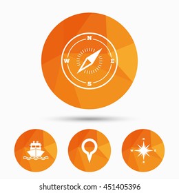 Windrose navigation compass icons. Shipping delivery sign. Location map pointer symbol. Triangular low poly buttons with shadow. Vector