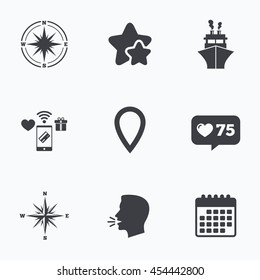 Windrose navigation compass icons. Shipping delivery sign. Location map pointer symbol. Flat talking head, calendar icons. Stars, like counter icons. Vector