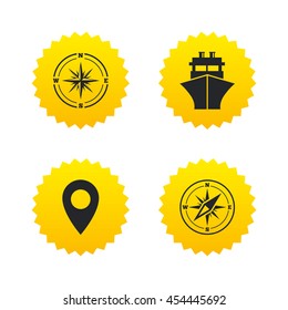 Windrose navigation compass icons. Shipping delivery sign. Location map pointer symbol. Yellow stars labels with flat icons. Vector