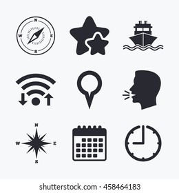Windrose navigation compass icons. Shipping delivery sign. Location map pointer symbol. Wifi internet, favorite stars, calendar and clock. Talking head. Vector