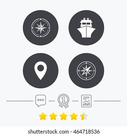 Windrose navigation compass icons. Shipping delivery sign. Location map pointer symbol. Chat, award medal and report linear icons. Star vote ranking. Vector