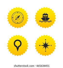 Windrose navigation compass icons. Shipping delivery sign. Location map pointer symbol. Yellow stars labels with flat icons. Vector