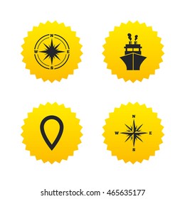 Windrose navigation compass icons. Shipping delivery sign. Location map pointer symbol. Yellow stars labels with flat icons. Vector