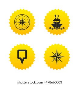 Windrose navigation compass icons. Shipping delivery sign. Location map pointer symbol. Yellow stars labels with flat icons. Vector