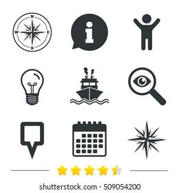 Windrose navigation compass icons. Shipping delivery sign. Location map pointer symbol. Information, light bulb and calendar icons. Investigate magnifier. Vector