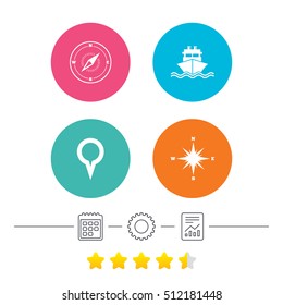 Windrose navigation compass icons. Shipping delivery sign. Location map pointer symbol. Calendar, cogwheel and report linear icons. Star vote ranking. Vector