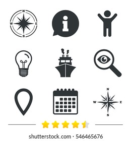 Windrose navigation compass icons. Shipping delivery sign. Location map pointer symbol. Information, light bulb and calendar icons. Investigate magnifier. Vector