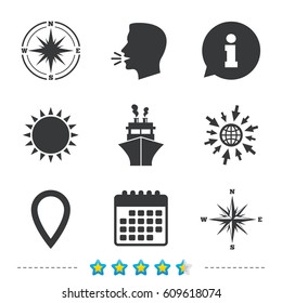 Windrose navigation compass icons. Shipping delivery sign. Location map pointer symbol. Information, go to web and calendar icons. Sun and loud speak symbol. Vector