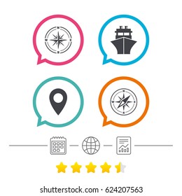 Windrose navigation compass icons. Shipping delivery sign. Location map pointer symbol. Calendar, internet globe and report linear icons. Star vote ranking. Vector
