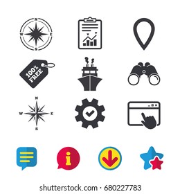 Windrose navigation compass icons. Shipping delivery sign. Location map pointer symbol. Browser window, Report and Service signs. Binoculars, Information and Download icons. Stars and Chat. Vector
