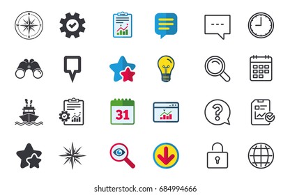 Windrose navigation compass icons. Shipping delivery sign. Location map pointer symbol. Chat, Report and Calendar signs. Stars, Statistics and Download icons. Question, Clock and Globe. Vector