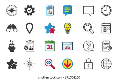 Windrose navigation compass icons. Shipping delivery sign. Location map pointer symbol. Chat, Report and Calendar signs. Stars, Statistics and Download icons. Question, Clock and Globe. Vector