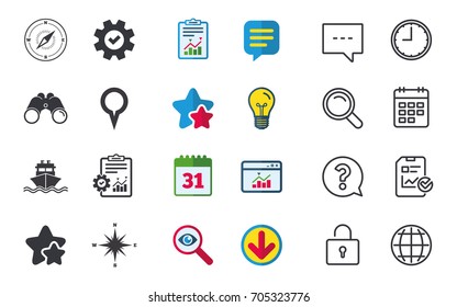 Windrose navigation compass icons. Shipping delivery sign. Location map pointer symbol. Chat, Report and Calendar signs. Stars, Statistics and Download icons. Question, Clock and Globe. Vector