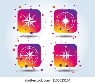 Windrose navigation icons. Compass symbols. Coordinate system sign. Colour gradient square buttons. Flat design concept. Vector