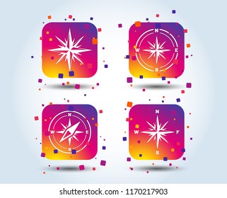 Windrose navigation icons. Compass symbols. Coordinate system sign. Colour gradient square buttons. Flat design concept. Vector