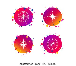 Windrose navigation icons. Compass symbols. Coordinate system sign. Gradient circle buttons with icons. Random dots design. Vector