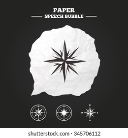 Windrose navigation icons. Compass symbols. Coordinate system sign. Paper speech bubble with icon.