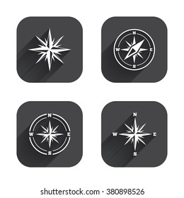Windrose navigation icons. Compass symbols. Coordinate system sign. Square flat buttons with long shadow.