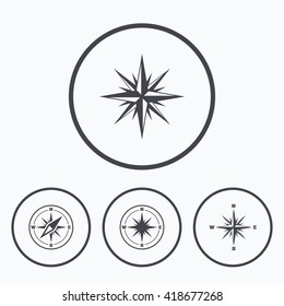 Windrose navigation icons. Compass symbols. Coordinate system sign. Icons in circles.
